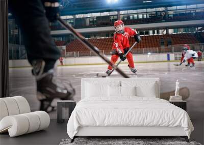 Hockey match at rink player in action . Wall mural