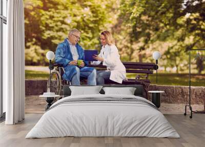 nurse talking with patient in wheelchair checking up the history of the disease. Wall mural