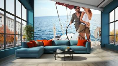 Summer romance on vacation - couple on the luxury boat . Wall mural