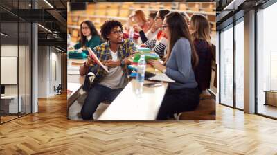 Young college students branstorming and comparing notes Wall mural