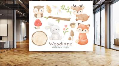 Woodland animal watercolor Fox Deer Bunny Decoration nursery birthday kids Print for invitation card Poster Template Wall mural