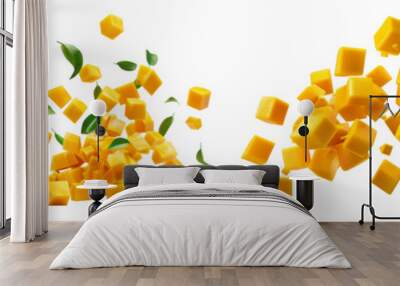 Collection of mango cubes falling isolated on transparent or white background Wall mural