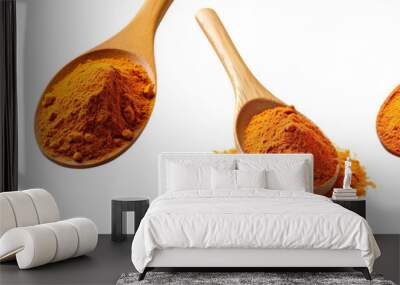 Collection of spoons holding chili powder, isolated on white background Wall mural