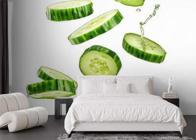 Flying slices of cucumber isolate on white background or transparent backgroun Wall mural