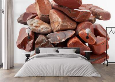 Pile of water river brown stone shapes isolated on white or transparent background Wall mural