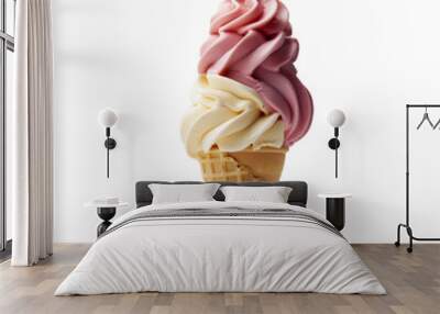 Soft serve ice cream, 2 flavour twist in one cone, on white background or transparent Wall mural