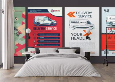 Set of Express delivery service brochure flyer design layout template. Fast delivery and quality service transportation magazine cover, mockup flyer. Layout in A4 size. Vector illustration. Wall mural