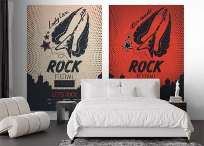 Set of Rock Festival Flyer templates. Mockup Vector illustration. Wall mural