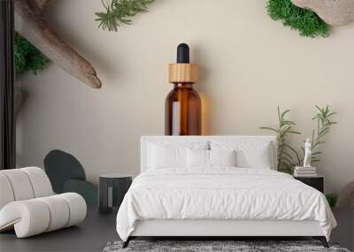 Cosmetic bottle with eucalyptus and wood on beige background. Flat lay. Wall mural