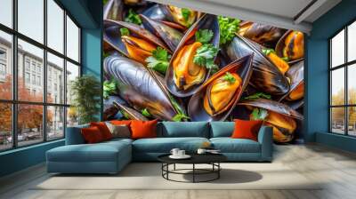 A close up of a bunch of fresh mussels. Ideal for seafood menus Wall mural