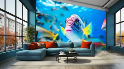  Tropical sea underwater fishes on coral reef. Aquarium oceanarium wildlife colorful marine panorama landscape nature snorkeling diving Wall mural