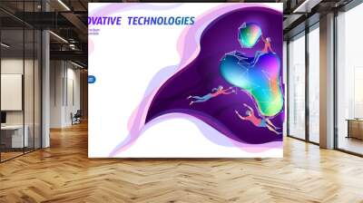 3d augmented reality virtual media space. small men around glowing neon fluid liquid color sphere. d Wall mural