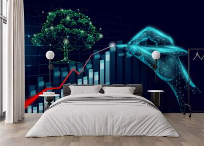 3D digital ecology positive trend concept. Nature save planet business idea increase profits marketing. Investment control hand pen drawing graphic vector illustration Wall mural