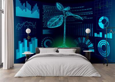 3D low poly green plant HUD UI display. Future polygonal triangle point line ecology problems solution abstract biology genome engineering vector illustration future business technology Wall mural