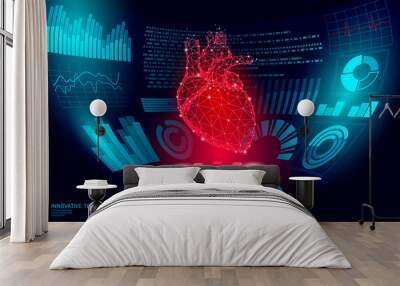 3D low poly human heart HUD display doctor online. Future technology medicine laboratory web examination. Blood system disease diagnostics futuristic UI vector illustration Wall mural