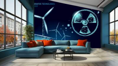 3D windmills ecology forest concept. Save environment wind green tree energy sustainable power. Eco global planet solution. Triangle vector illustration art Wall mural