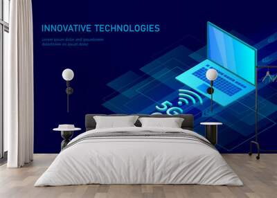 5G new wireless internet wifi connection. Laptop mobile device isometric blue 3d flat. Global network high speed innovation connection data rate technology vector illustration Wall mural