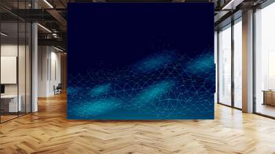 Abstract digital landscape 3D blue background. Information code flow data analysis concept. Modern grid mesh scape particle connected dots vector illustration Wall mural