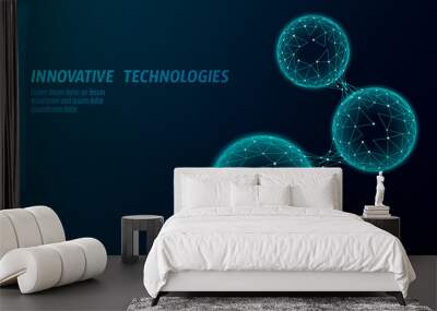 Abstract low poly biological connected cell. Connection world communication technology polygonal. Blue business science presentation concept. Wireframe mesh geometric render blue vector illustration Wall mural