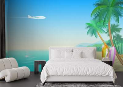 Airplane and tropical paradise palm tree surfboards. Sunny sand coast beach sea ocean landscape.Vector background illustration for text Wall mural