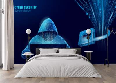 Anonymous hacker at the laptop computer Internet security. Cyber attack business concept low poly. Server polygonal point line design vector illustration Wall mural