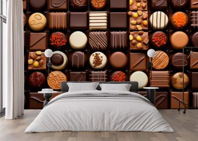 Different chocolate sweets rows in a box. Delicious milk choco sugar dessert treats. Close up gourmet candy decorated caramel assortment present praline gift photo Wall mural