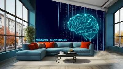 Digital 3D shape of human brain. Low poly polygonal particle point line geometric render. Mental education creative idea future mind technology concept blue binary code vector illustration Wall mural