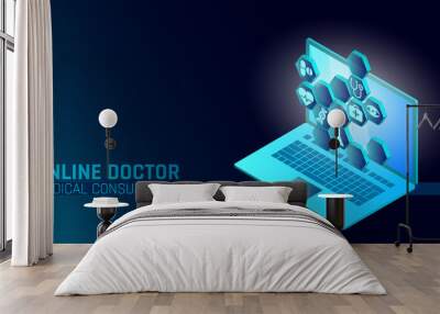 Doctor online medical app mobile applications. Digital healthcare medicine diagnosis concept banner. Human heart eye DNA icon hexagon innovation technology vector illustration Wall mural