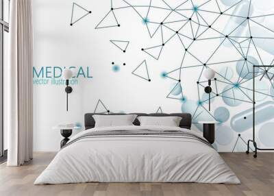 Drug capsule medicine business concept. Banner blue glowing medicament pill prebiotic probiotic ball health care cure illness. Antibiotic vitamin medical nutrition low poly vector illustration Wall mural