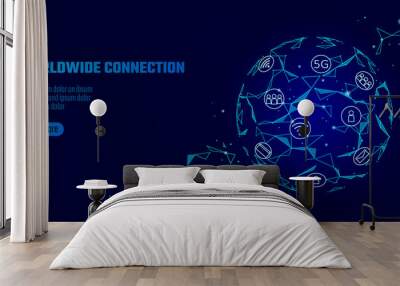 Global network connection 5G internet high speed rate. World point line worldwide information technology data exchange business. Planet Earth blue space low poly polygonal render vector Illustration Wall mural