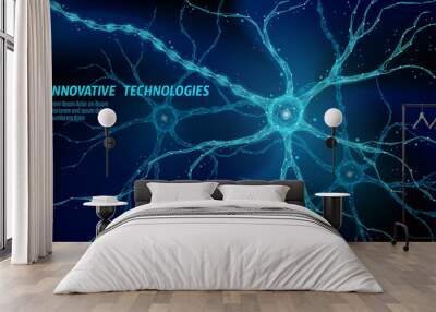 Human neuron low poly anatomy concept. Artificial neural network technology science medicine cloud computing. AI 3D abstract biology system. Polygonal blue glowing vector illustration Wall mural