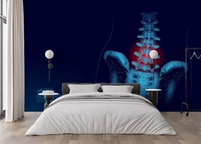 Human spine hip lumbar radiculitis pain low poly. Geometric polygonal particle triangle point line future medicine technology blue red painful area vector illustration Wall mural