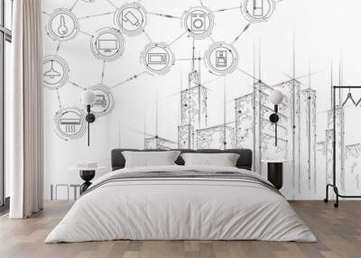 Internet of things low poly smart city 3D wire mesh. Intelligent building automation IOT concept. Modern wireless online control icon urban cityscape technology banner vector illustration Wall mural