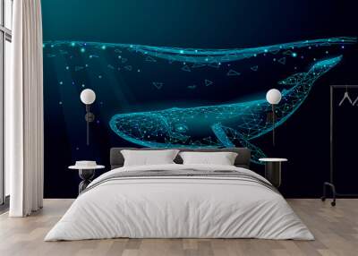 Low poly 3D whale swimming undersea. Water ocean surface dark night glowing wave. Large humpback whale marine wild life migration. Triangle polygonal vector illustration Wall mural