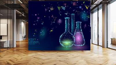 Low poly science chemical glass flasks. Magical equipment polygonal triangle blue glowing research future technology business medicine concept vector illustration Wall mural