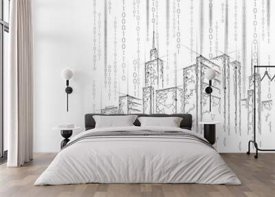 Low poly smart city 3D wire mesh. Intelligent building automation system business concept. Binary code number data flow. Architecture urban cityscape technology sketch banner vector illustration Wall mural