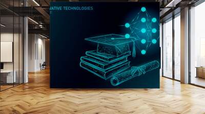 Machine learning 3D low poly technology business concept. Neural network training artificial intelligence. Graduation cap, books, diploma polygonal modern design banner template vector illustration Wall mural