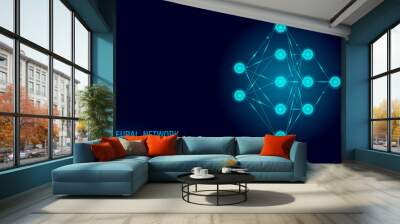 Neural net. Neuron network. Deep learning. Cognitive technology concept. Logical artificial intelligence memory processor mathematics.Blue neon color glowing vector illustration Wall mural