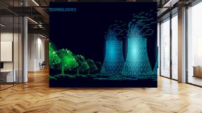 Nuclear power station cooling tower low poly. 3d render ecology pollution save planet environment concept triangle polygonal. Radioactive nuclear reactor electricity vector illustration Wall mural