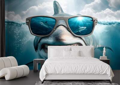 Ocean shark in sunglasses. Open toothy dangerous mouth with many teeth. Underwater blue sea waves clear water shark swims forward. Generative AI Wall mural