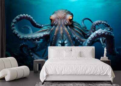 Octopus underwater oceanarium close up photo. Sea nature wildlife diving maine animal. Tentacles mollusc kraken with big eyes portrait macro photo Wall mural