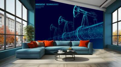 Oil pipeline low poly business concept. Finance economy polygonal petrol production. Petroleum fuel industry transportation line connection dots blue vector illustration Wall mural