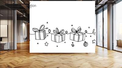 One continuous line art gift ribbon. Birthday present minimalist isolated sketch ink drawing. Celebration party surprise greeting card vector illustration Wall mural