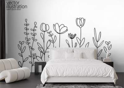 One line floral set element. Black and white monochrome continuous single line art. Floral nature Woman day gift romantic date illustration sketch outline drawing Wall mural