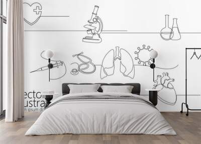 Single continuous line set science medicine microscope. Human heart lungs virus micro technology business design one sketch outline drawing vector illustration art Wall mural