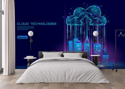 Smart city 3D light cloud computing cityscape. Intelligent building big data exchange storage online futuristic business concept future technology. Urban banner vector illustration Wall mural