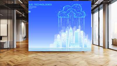 Smart city 3D light cloud computing cityscape. Intelligent building big data exchange storage online futuristic business concept future technology. Urban banner vector illustration Wall mural