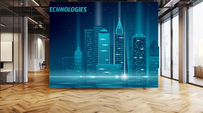 Smart city 3D neon glowing cityscape. Intelligent building automation night futuristic business concept. Web online blue color future technology. Urban banner vector illustration Wall mural