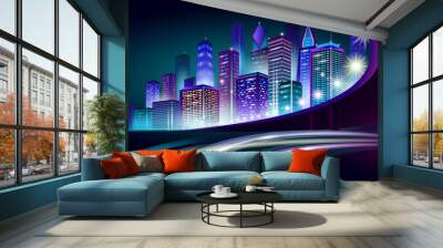 Smart city 3D neon glowing cityscape. Intelligent building automation night futuristic business concept. Web online vivid color cyberpunk retrowave. Urban technology banner vector illustration Wall mural