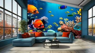 tropical sea underwater fishes on coral reef. aquarium oceanarium wildlife colorful marine panorama  Wall mural